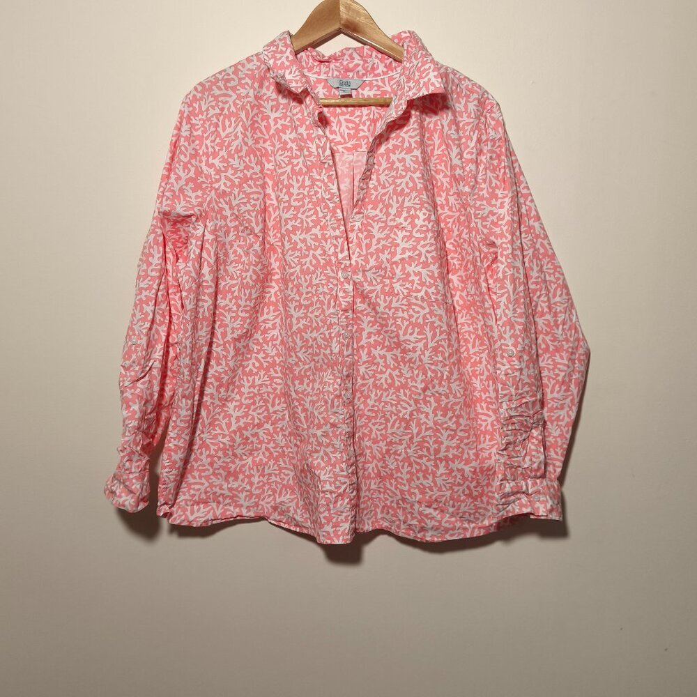 Croft and Barrow Cotton Stretch Button Front Coral Reef Printed Shirt sz 3X Pink